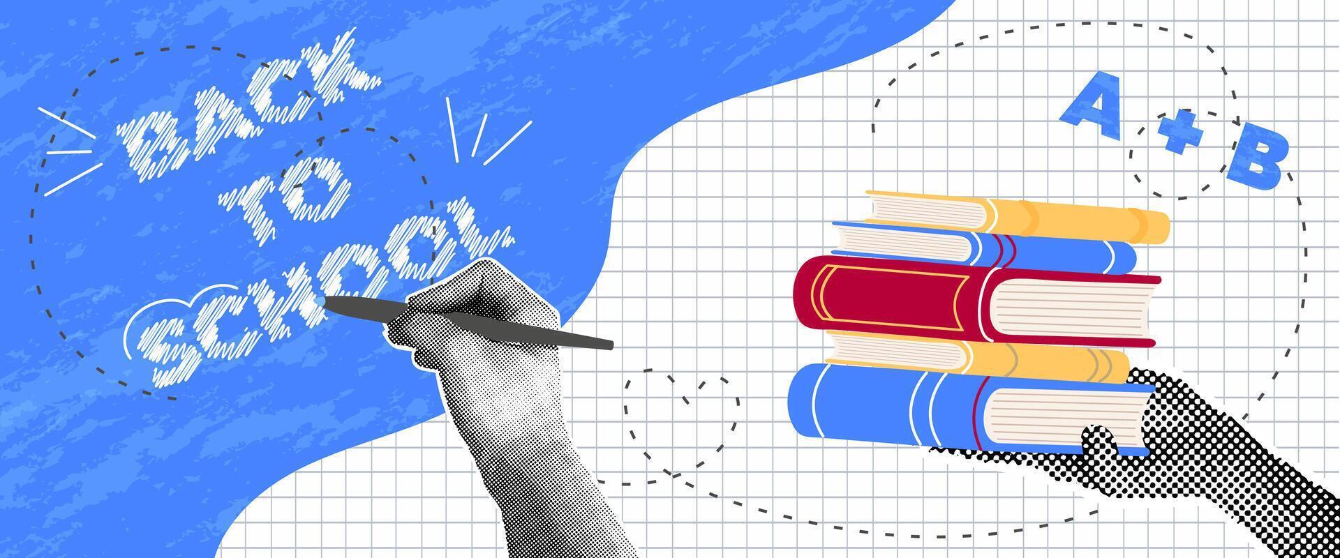 Back to School Banner. Trendy halftone collage, books in hand, inscription, scribbles on checkered background. Concept of learning, knowledge. vector