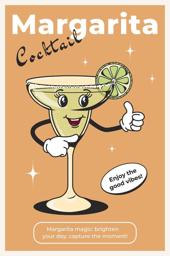 Margarita fashion poster with retro cocktail character. Mascot for bars and restaurants.60's and 70's character for retro posters and postcards in modern groovy style.Bar menu concept. vector