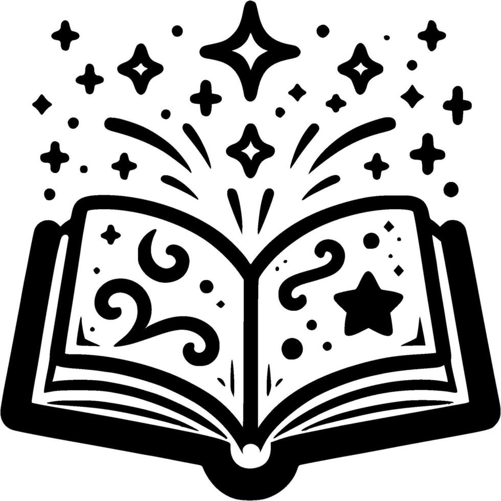 Open witch book with spell in monochrome. Simple minimalistic in black ink drawing on white background vector