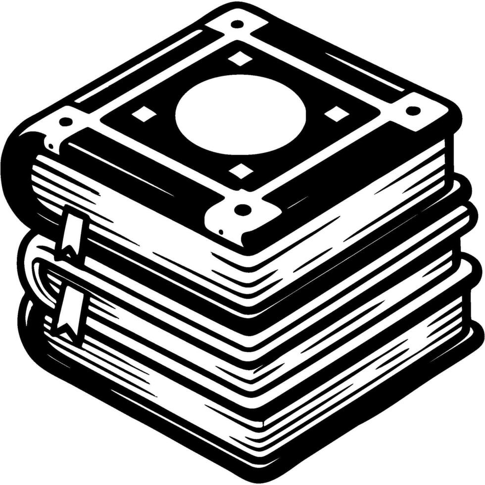 Closed stacked vintage books with bookmarks in monochrome. Simple minimalistic in black ink drawing on white background vector