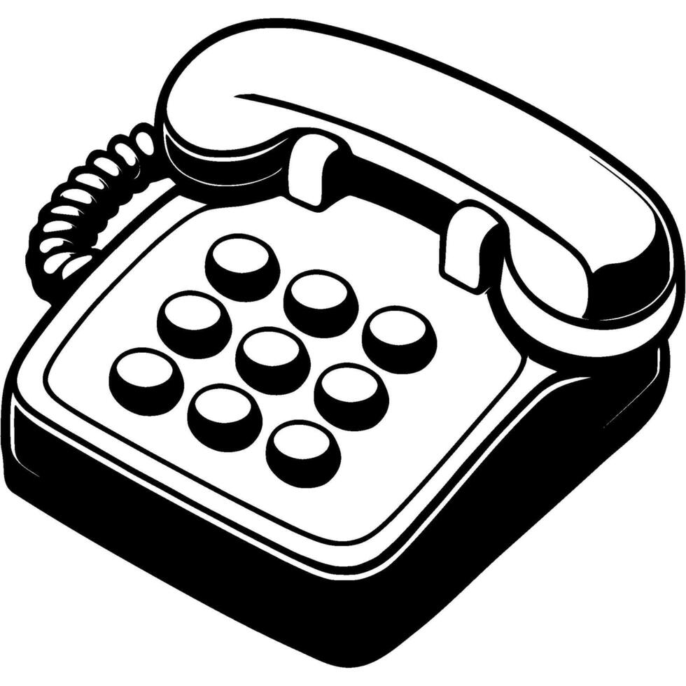 Office push button telephone with corded handset in monochrome. Simple minimalistic in black ink drawing on white background vector