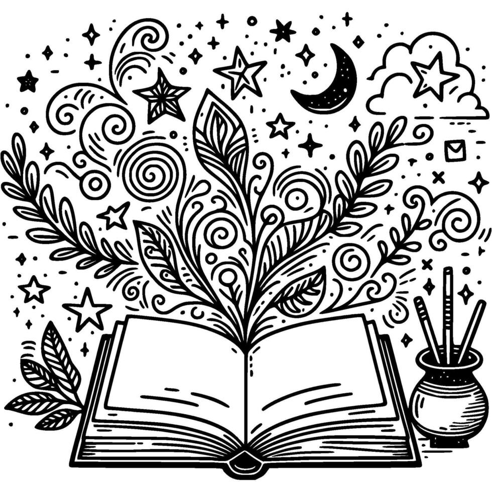 Open magic book with nature spell in monochrome. Simple minimalistic in black ink drawing on white background vector