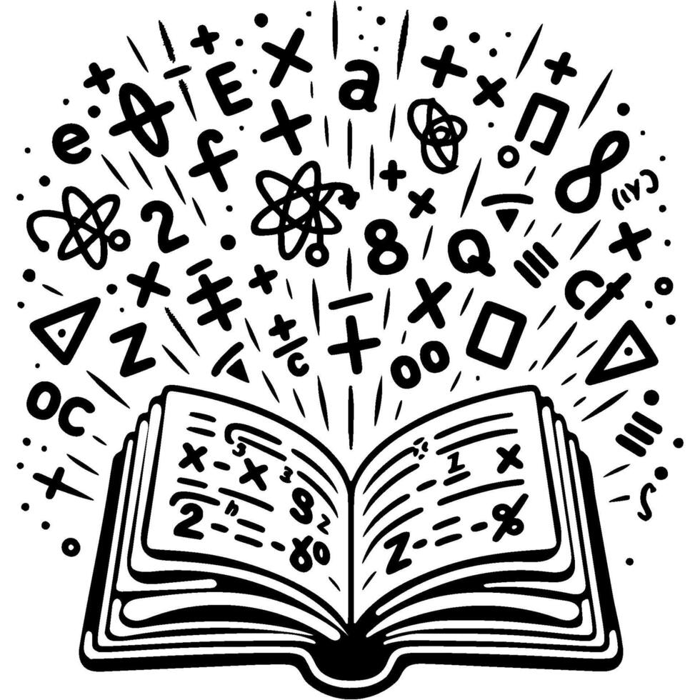 Mathematical and physical formulas fly out of an open book in monochrome. Simple minimalistic in black ink drawing on white background vector