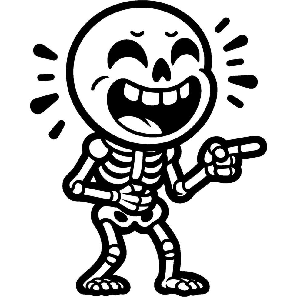 Revived skeleton laughs cheerfully, holds his stomach and points his finger forward in monochrome. Simple minimalistic in black ink drawing on white background vector
