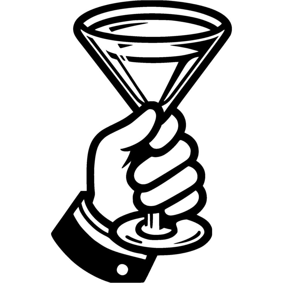 Hand of visitor to establishment holds glass of tequila in monochrome. Simple minimalistic in black ink drawing on white background vector