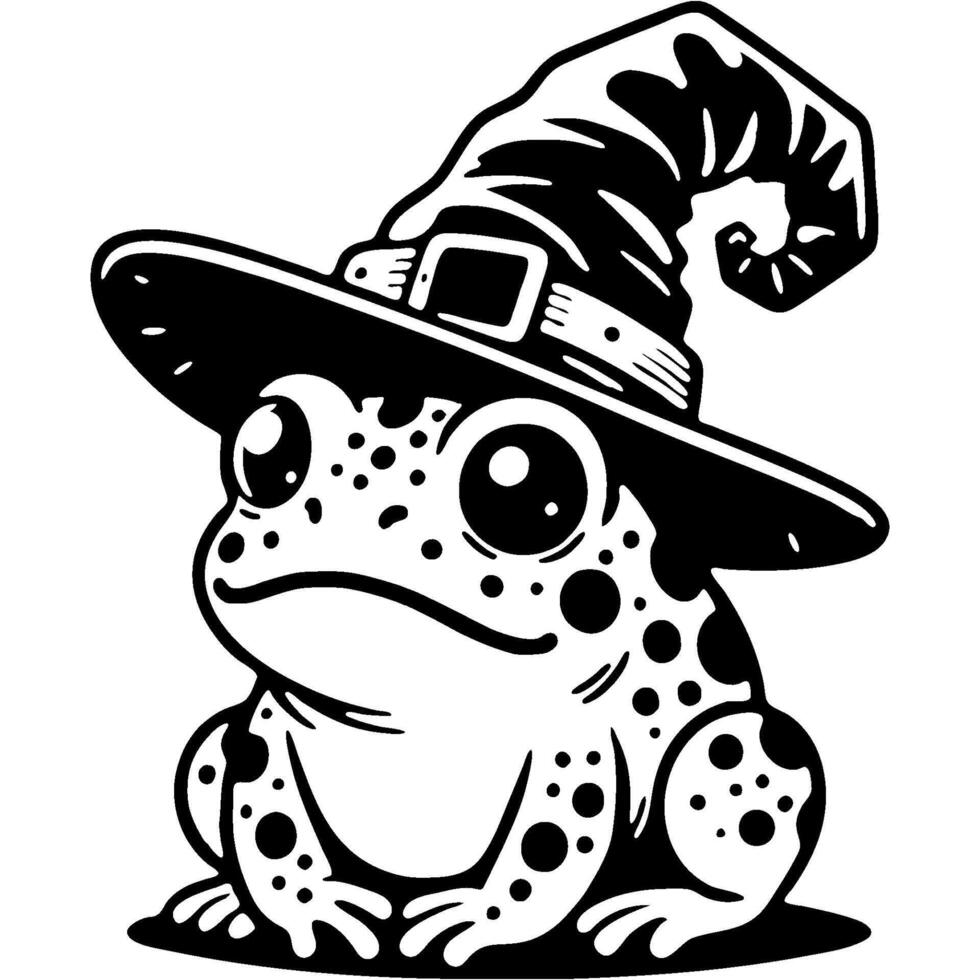 Witch who turned into toad after failed spell in monochrome. Simple minimalistic in black ink drawing on white background vector