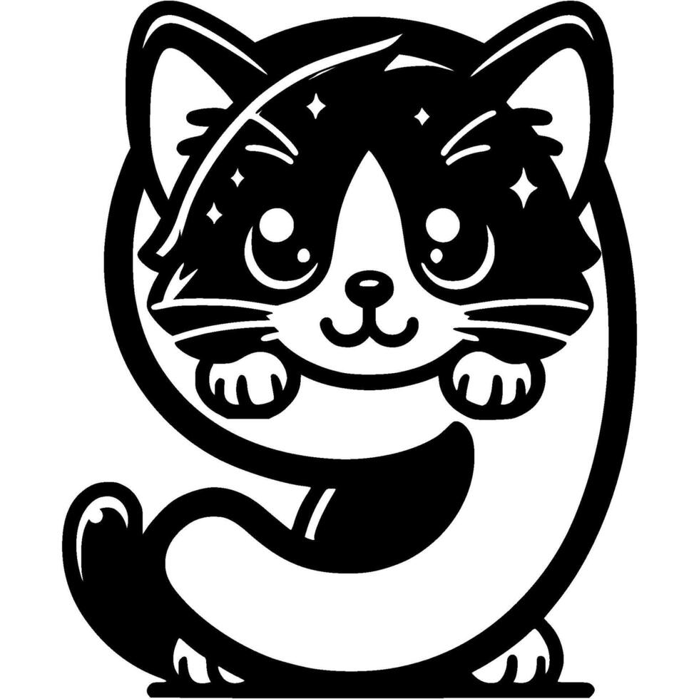 Little kitten hid behind the number nine digit in kitty style in monochrome. Simple minimalistic in black ink drawing on white background vector