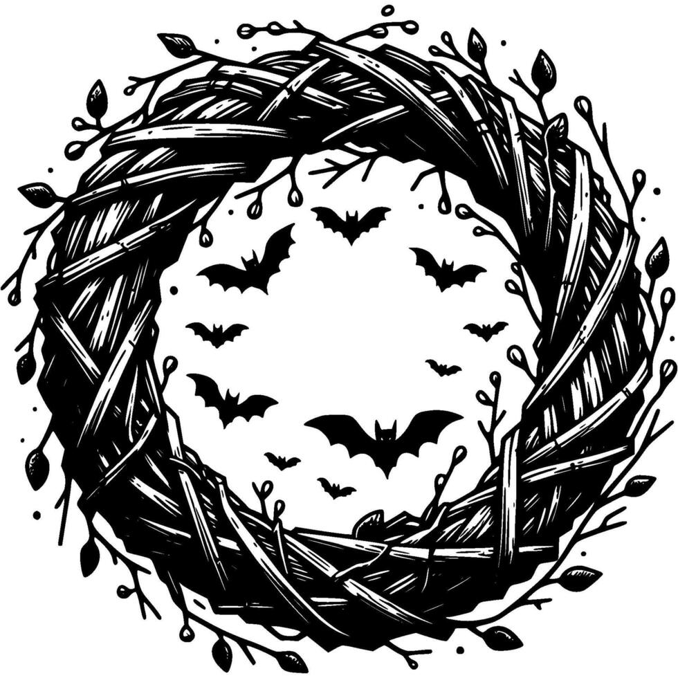 Dried Halloween Round Wreath Woven From Dry Branches in monochrome. Simple minimalistic in black ink drawing on white background vector