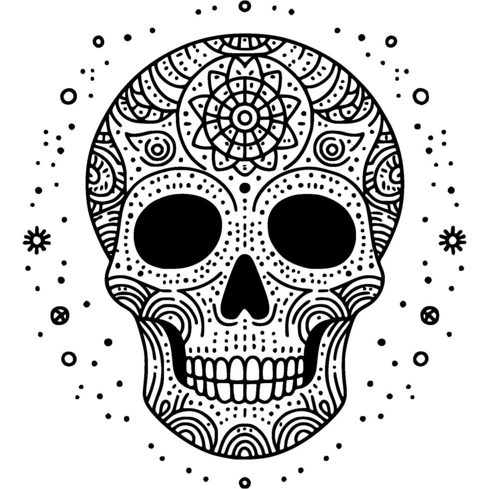 Mexican decorated with traditional holiday ornaments human skull front view in monochrome. Simple minimalistic in black ink drawing on white background vector