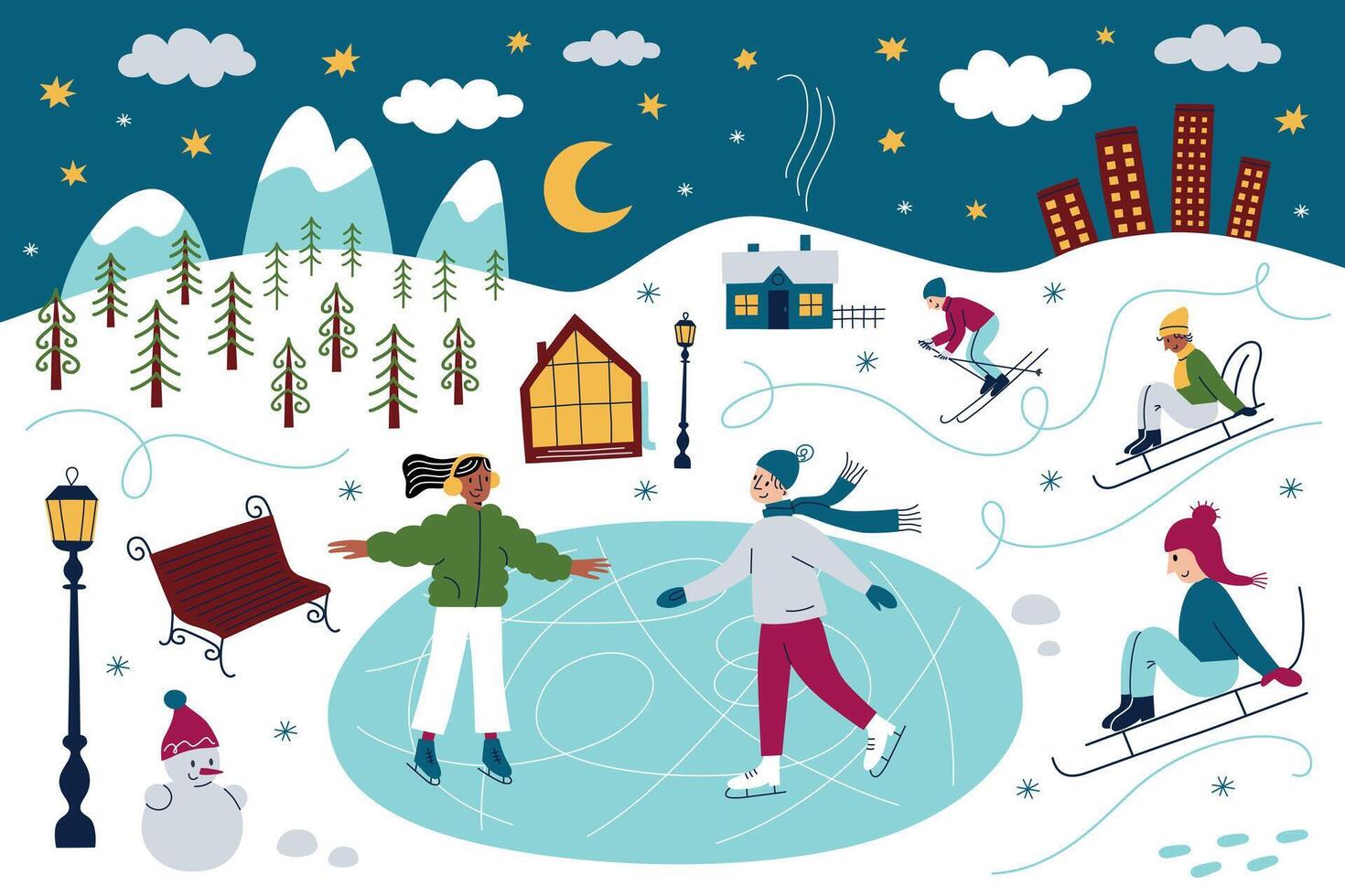 illustration of winter scene with children ice skating, skiing, sledding under starry sky. Snowy landscape with mountains. Wintertime activities. Cartoon composition with Christmas atmosphere vector