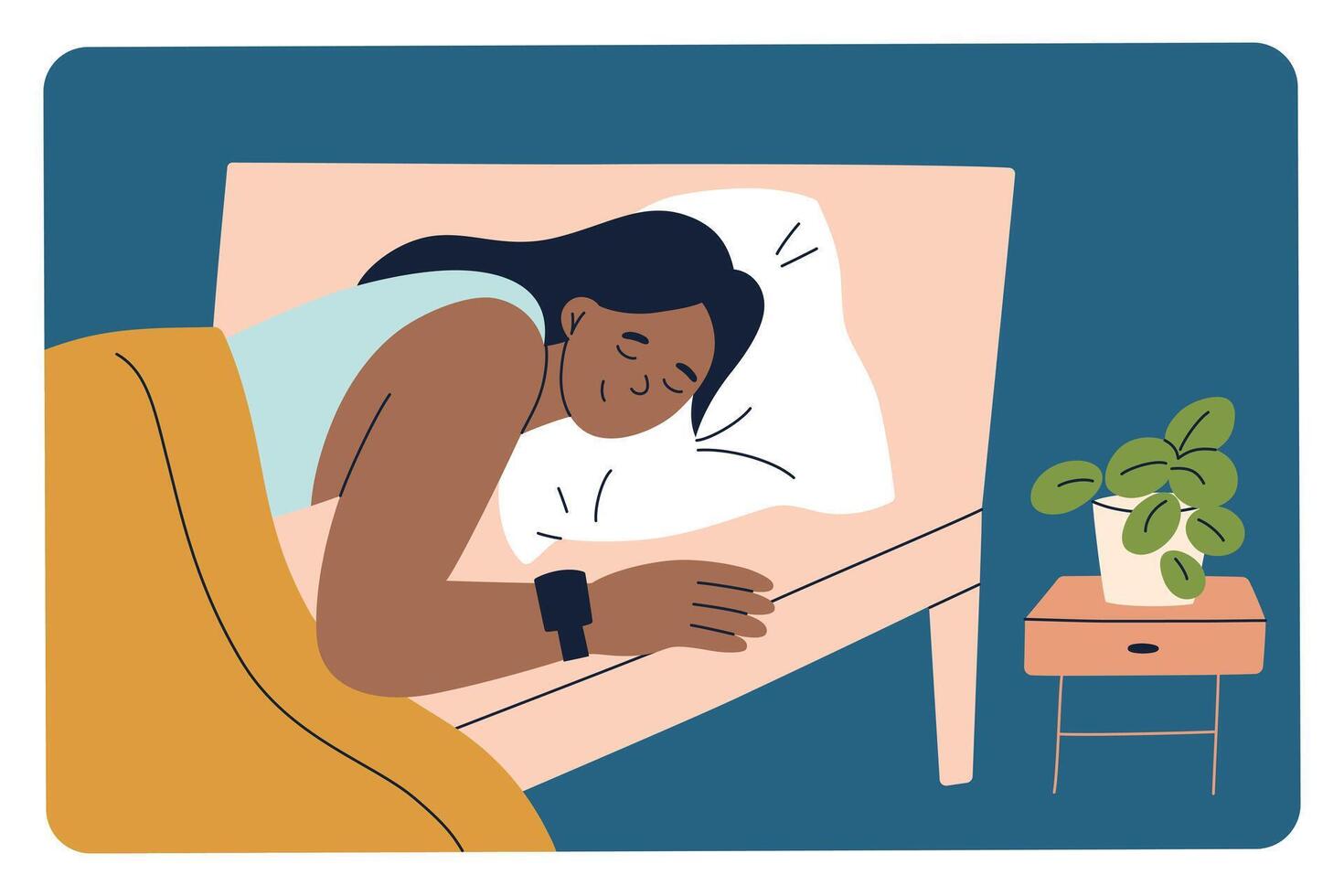 illustration of a woman peacefully sleeping in bed, wearing a smartwatch. Cozy and comfortable scene, a pillow, blanket, and a nightstand with a plant. Health and sleep tracking, relaxation vector
