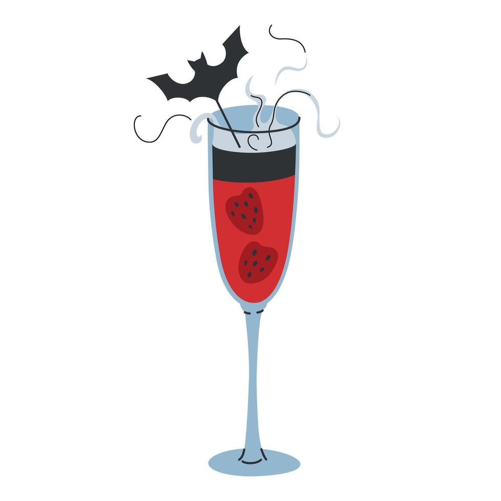illustration of a Halloween themed cocktail in a tall glass, smoke of dry ice, red liquid with strawberries and bat garnish. Flat, cartoon image with spooky vibe, for parties and celebrations vector