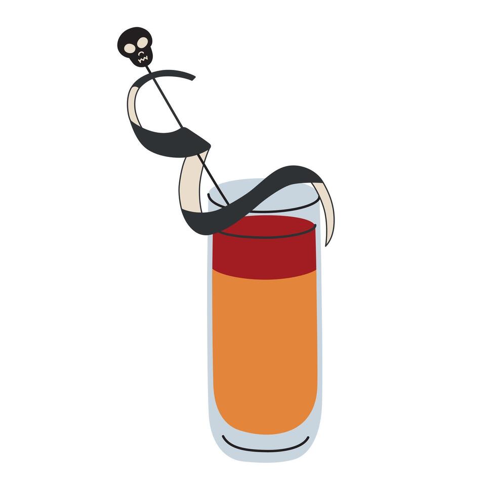 illustration of a Halloween themed cocktail, layered orange and red drink garnished with black citrus peel and skull. Eerie, spooky design for horror parties and autumn celebrations vector