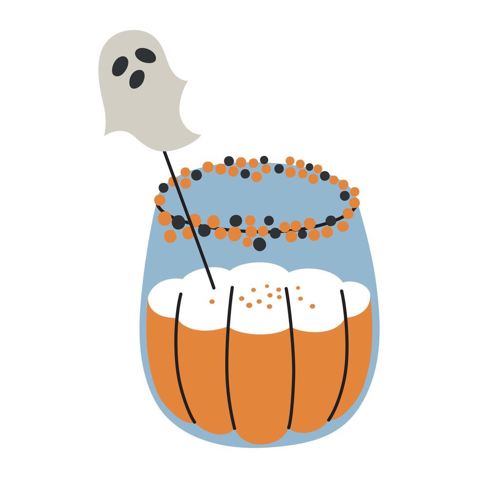 illustration of Halloween cocktail decorated with ghost, pumpkin patch beverage with spice. Spooky glass with punch for gothic celebrations and parties. Alcohol drink in flat, cartoon style vector