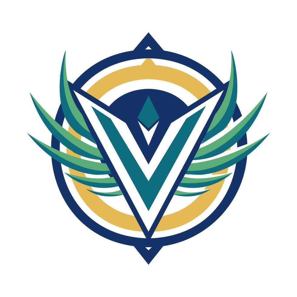 the v logo with wings and a blue and green color scheme vector