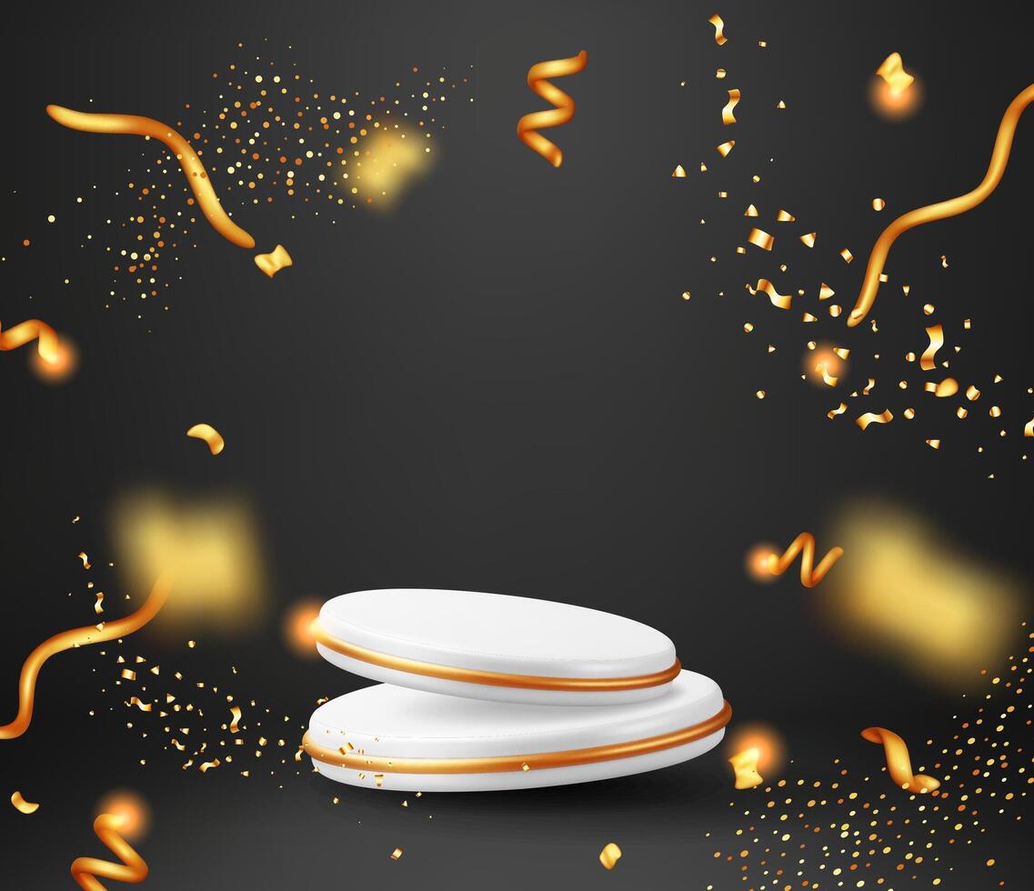 3D white podium with gold confetti isolated. Render stage mockup vector