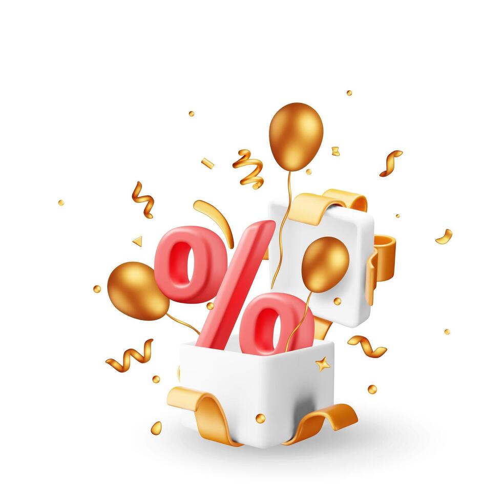 3D opened gift box with percentage symbol and confetti inside. vector