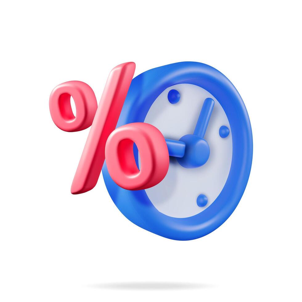 3D alarm clock with percentage sign isolated. Render clocks with percent symbol vector