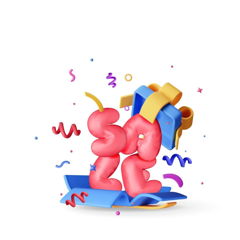 3D gift box with sale balloons and falling confetti. Render present box surprise vector