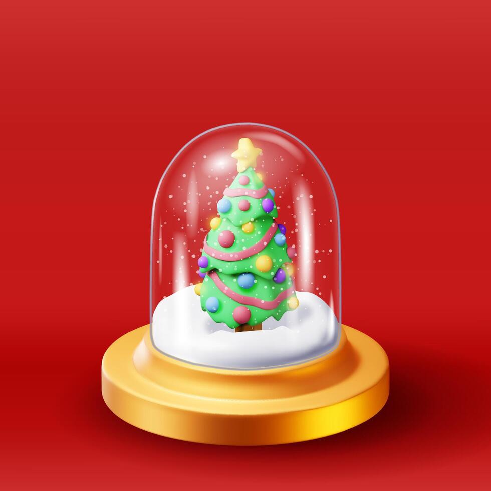 3D glass christmas snow globe with tree isolated. Render spere podium with fir tree vector