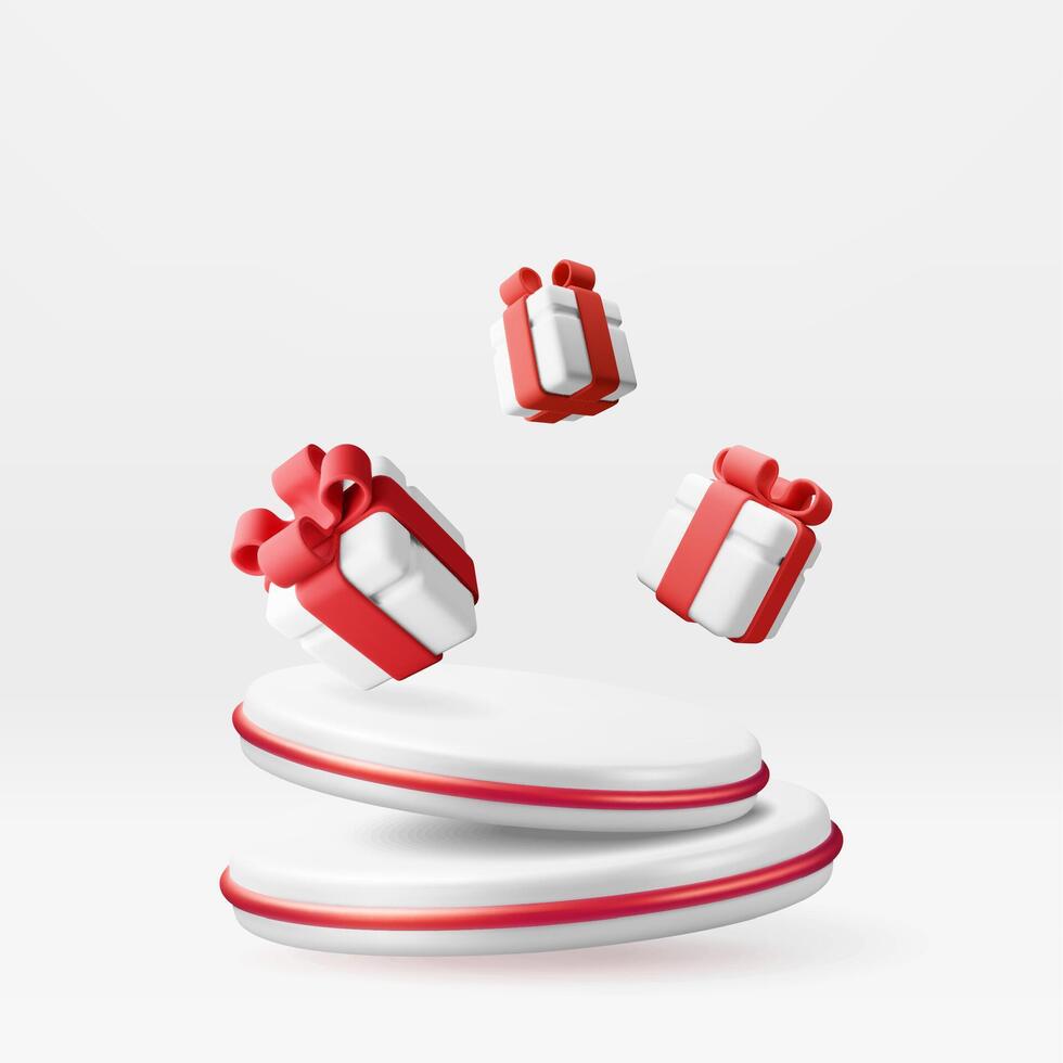 3D gift boxes with white podium. Render wrapped box package. vector