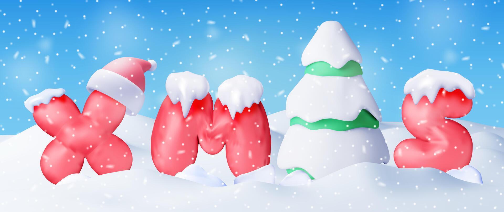 3D Christmas tree in snow and red balloon xmas word. vector