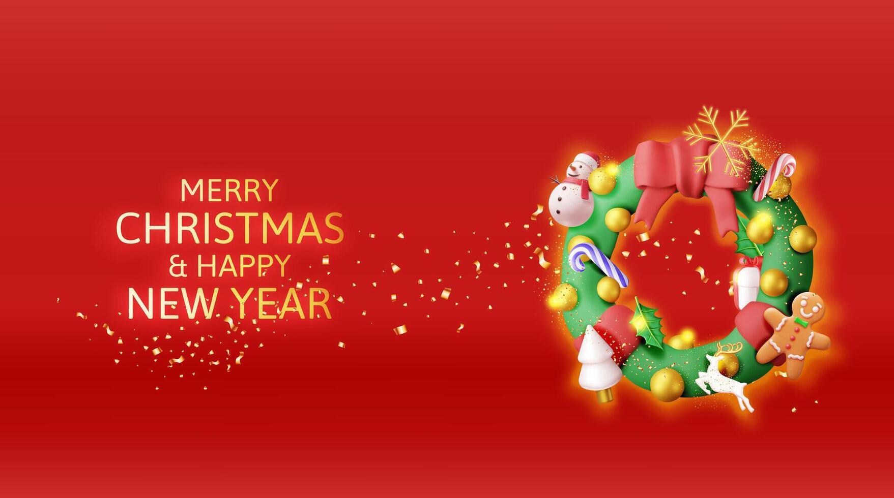 3D Decorated Christmas Wreath. Render Fir Evergreen Wreath with Holly Leaves, Baubles, Gift Boxes, Gingerbread Man vector