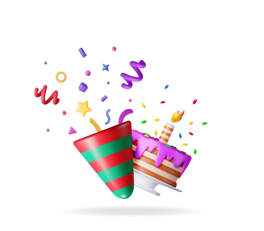 3D cake with candle and popper with confetti vector