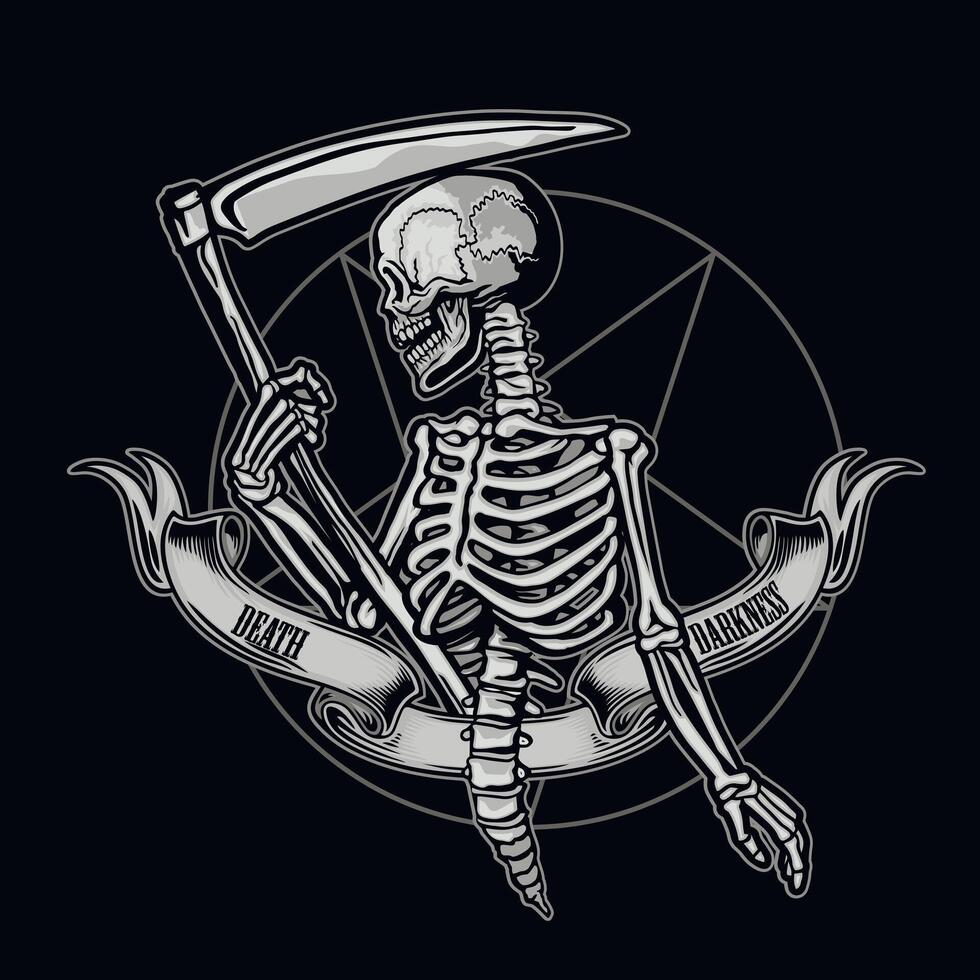 skeleton with scythe, grunge vintage design t shirts vector
