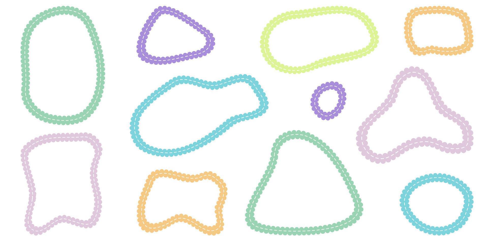 Hand drawn scalloped frames with dashed stitches. vector