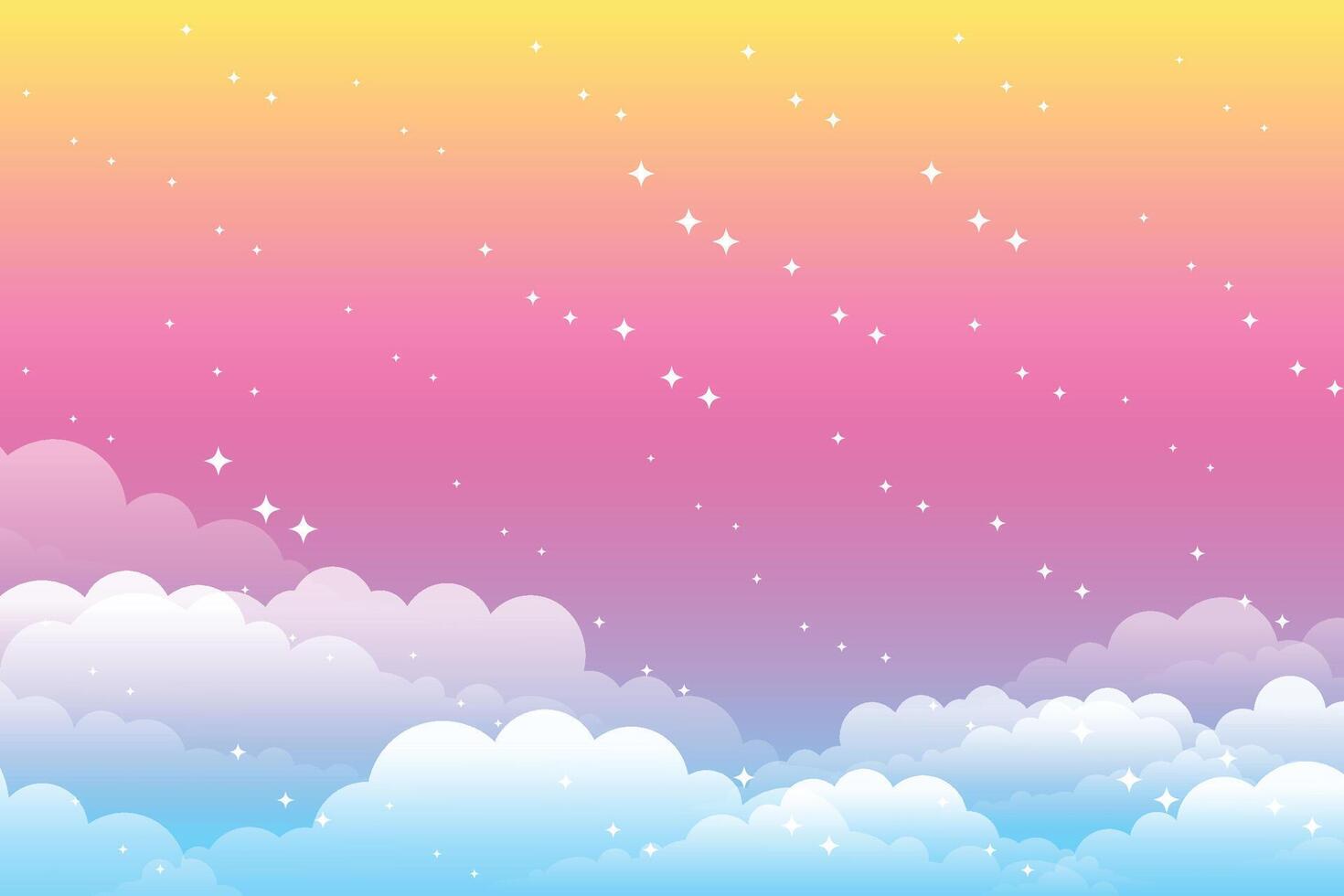 Rainbow unicorn pastel background with glitter stars. Pink cloudy fantasy sky. Cute holographic space. Fairy iridescent gradient backdrop. vector