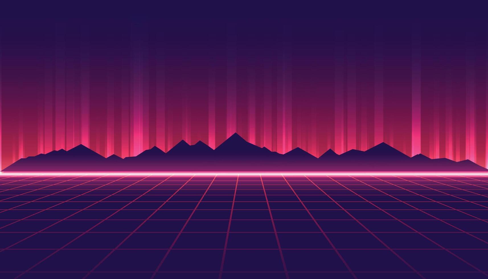 Abstract wireframe landscape. Retro futuristic grid. Technology neon background with mountains. vector
