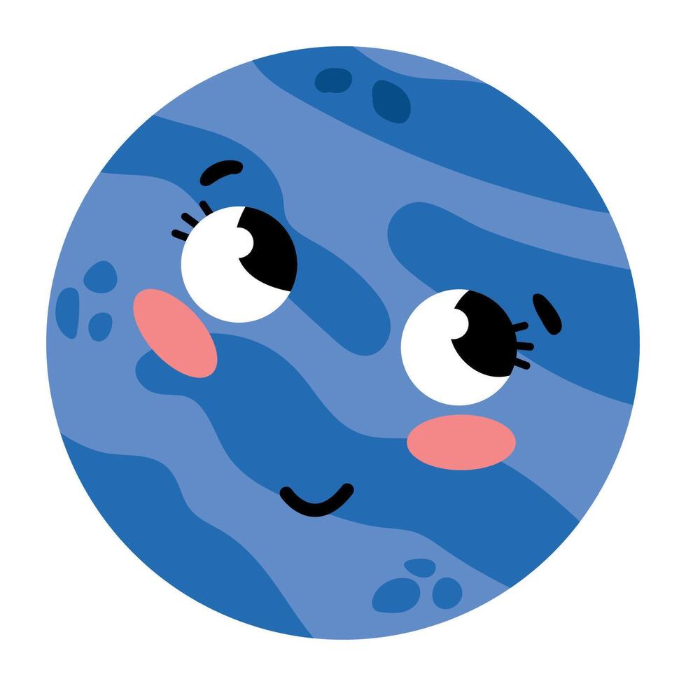 Planet Neptune with eyes and a smile. Kawaii vector