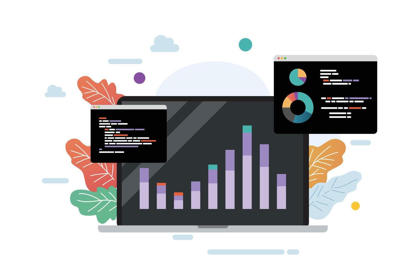 Laptop with bar chart and data. Business analytic concept. vector