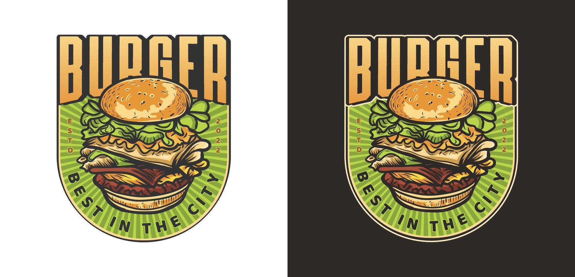 Burger vintage hand-drawn logo design for restaurant or cafe vector