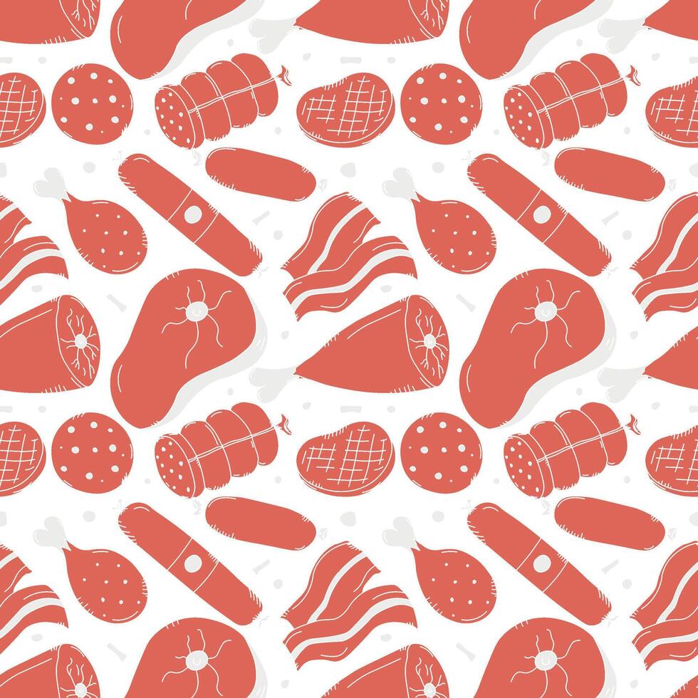 Seamless meat pattern. Drawn illustration with meat products icons vector