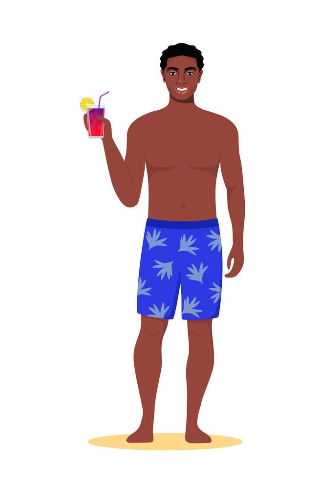 Black man in shorts standing on the beach with cocktail in his hand and smiling. Summer vacations. Beautiful guy in swimming trunks. illustration. vector