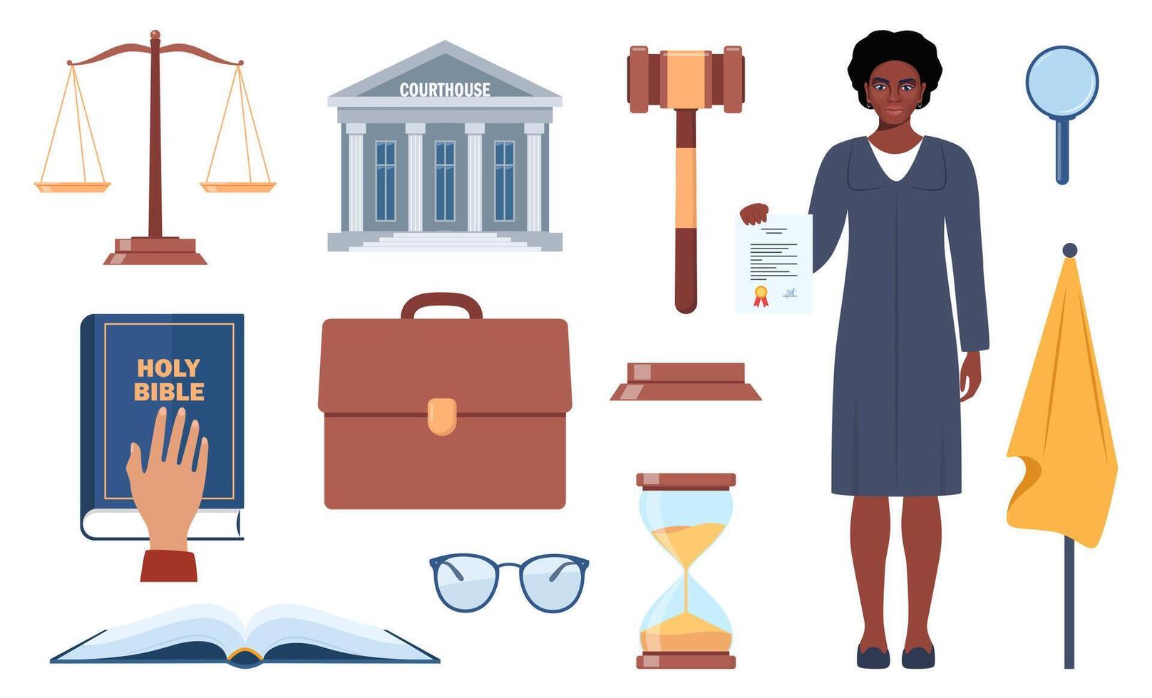 Symbols of justice. Judge in black robe, law book, judicial gavel, weights of justice, courthouse, briefcase. illustration. vector