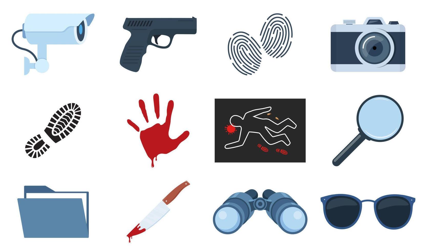 Murder investigation icon set. Police detective equipment. Investigation tools. Crime symbols. Criminology Police Crime Investigation Scene elements. vector