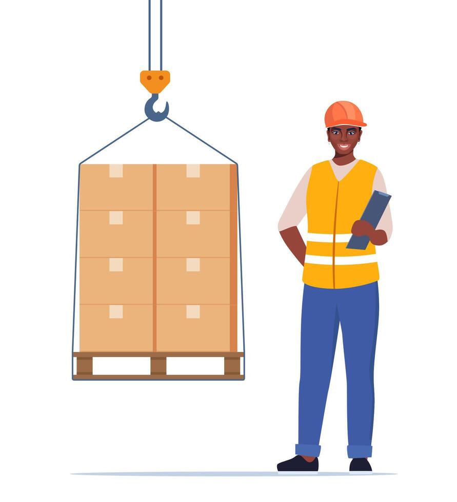 Warehouse worker. Boxes on a pallet are lifted with a crane hook. Warehouse female worker in hard hat manages the loading process. illustration. vector