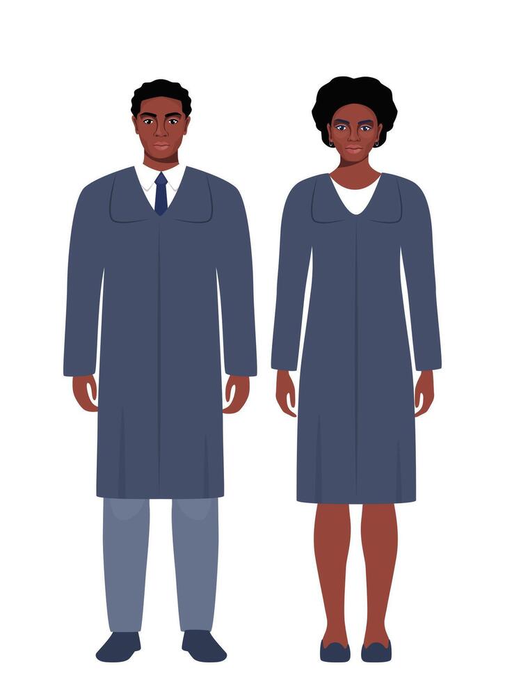 Judges characters. African American woman and man legal consultants, court workers. Judge male and female in black robes. illustration. vector