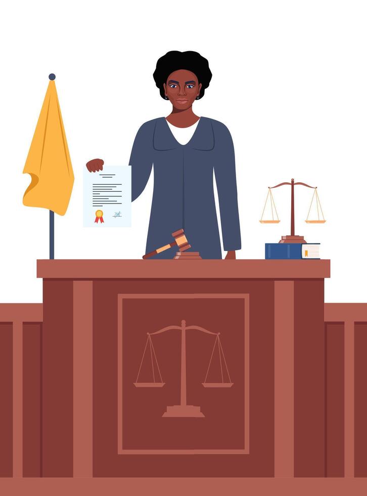 Judge with hammer. African American Woman in black robe with gavel. Jurisprudence, justice and law. Legal and sentencing. Judgement concept. illustration. vector