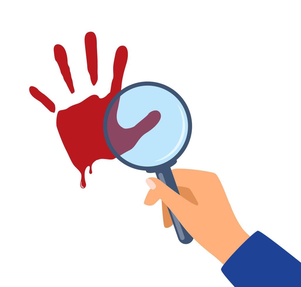 Man looking through magnifying glass at blood hand print. Hand holding loupe for identification. Identity, evidence concept. Red palm. Murder or crime illustration. vector