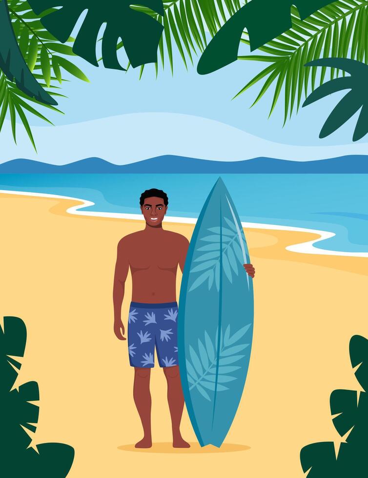 Young black man surfer with surfboard standing on the beach. Smiling surfer guy. illustration. vector