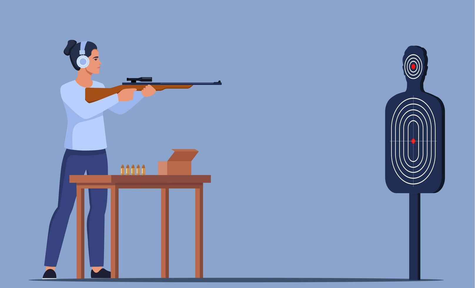 Focused Woman Practicing Shooting Skills At Indoor Range. Female Character In Ear Protection Stands Confidently, Aiming A Rifle At Target. illustration. vector