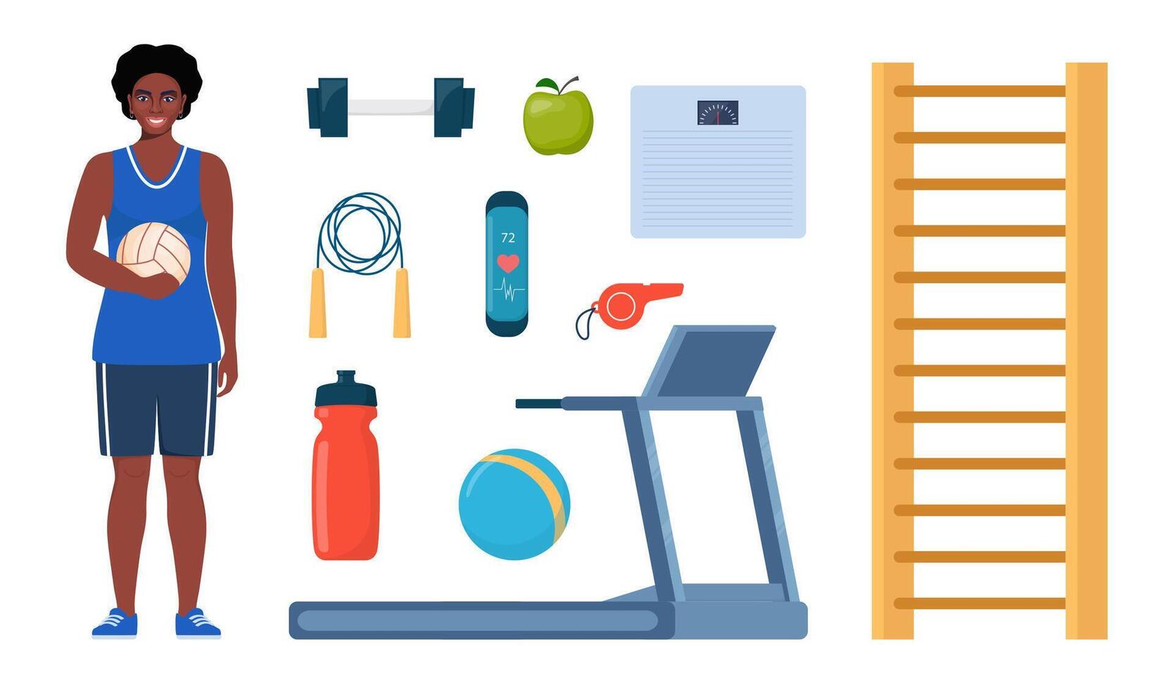 Black Woman dressed in sports clothes. Gym sport fitness exercise workout equipment set icons. Treadmill, dumbbells, fitness bracelet, ball, sneakers, jump rope, bottle, whistle, apple. . vector