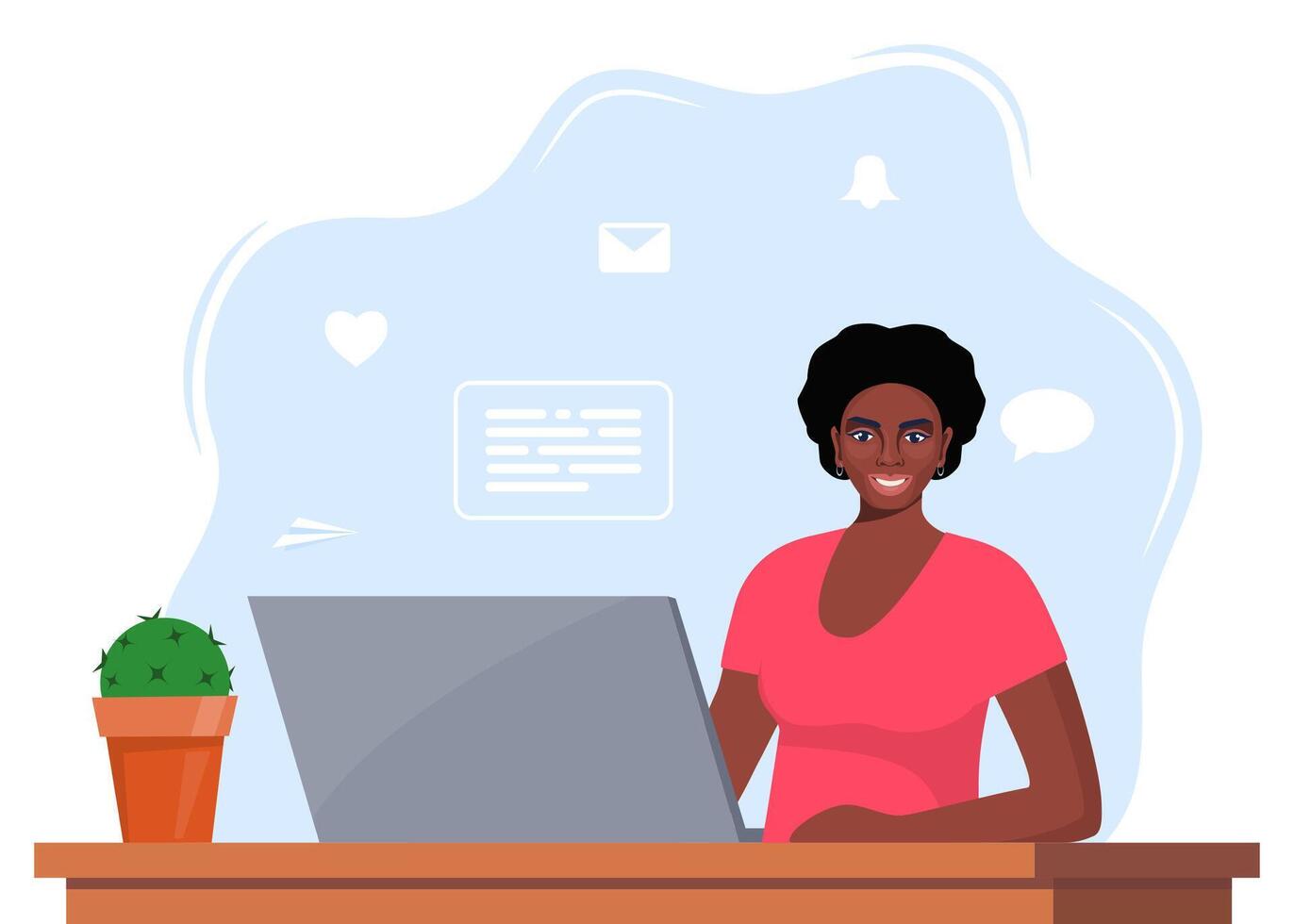 Office worker African American woman working on a laptop computer at her office desk. Flat style illustration. vector