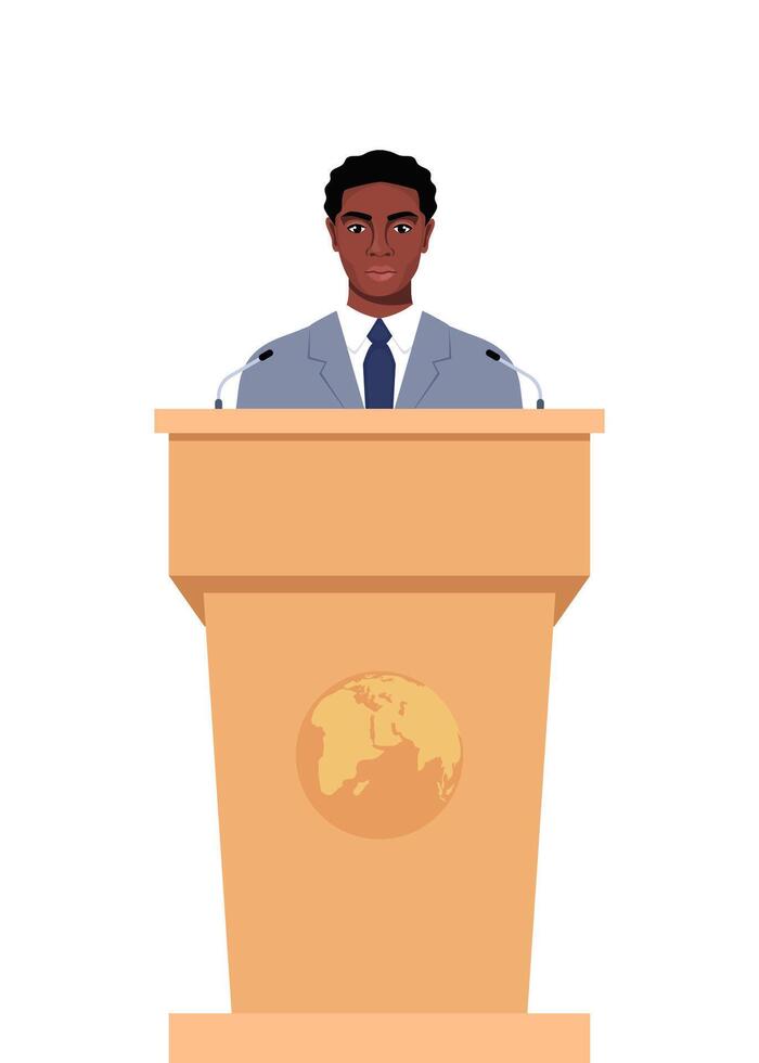 Black man in a business suit stands on a rostrum in front of the microphones. Man orator speaking from tribune. illustration. vector