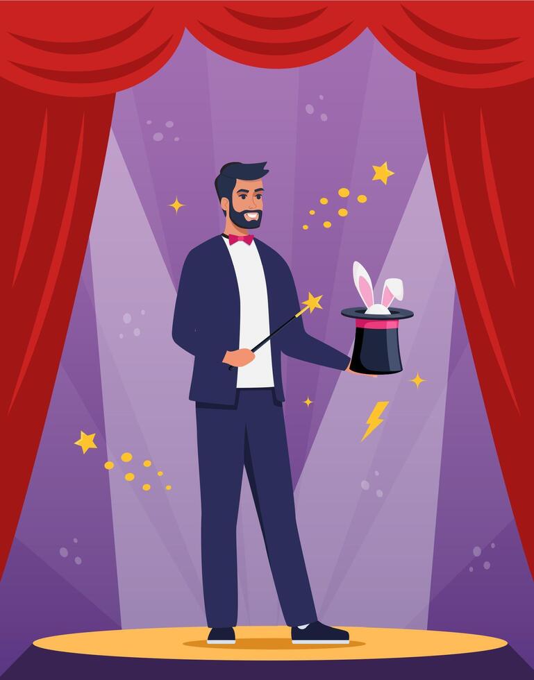 Illusionist, magician demonstrating trick and taking rabbit out of top hat. Concept of stage magic performance, magical illusion. illustration for banner, poster. vector