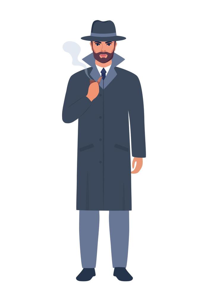 Private detective in gray hat and coat. Handsome man character with smoking pipe. illustration isolated on white background. vector